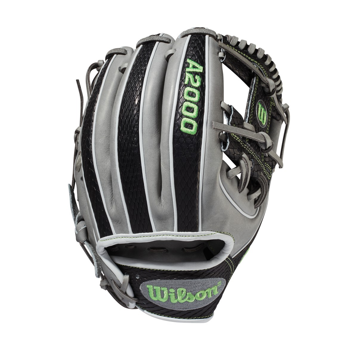 Show off your dark side with the April GOTM model. Black SnakeSkin and Grey Pro Stock Leather pair perfectly with Neon Green logos and stitching in a look that's undoubtedly got a bite to it. Each month, Wilson unveils a new A2K or A2000 Glove of the Month – a unique limited-edition Pro Stock ball glove available only in-store from select dealers. Past Glove of the Month gloves have included player customs, one-of-a kind models and fan-designed contest winners. A portion of the proceeds go to Pitch in for Baseball, a longtime Wilson charity partner.  A2000 11.5 H-Web Black SnakeSkin Pro Stock Leather Grey Pro Stock Leather      WTA20RB19LEAPR   Glove Series A2000   Glove Size 11.5   Throwing Hand Right   Glove Type Glove of the Month   Position Infield     