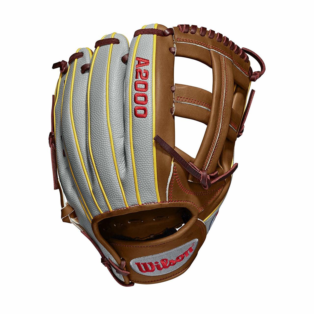 Game WTA20RB19DP15GM for Dustin pedroia; Cross web Grey SuperSkin with saddle tan and yellow gold Pro Stock leather, preferred for its rugged durability and unmatched feel Pedroia fit, made to function perfectly for players with smaller hands Narrow finger stalls Rolled dual welting for long-lasting shape and a quicker break-in