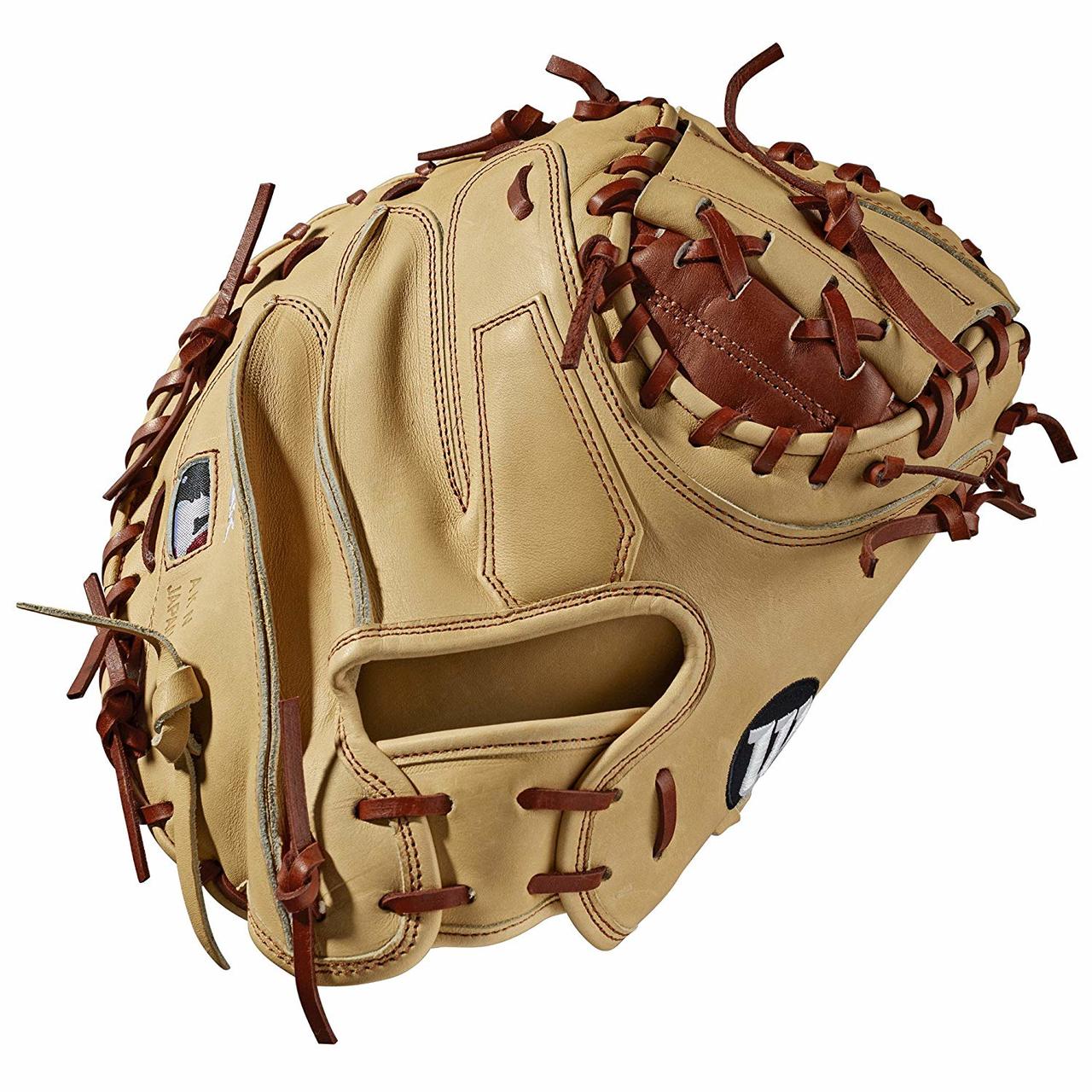 wilson-a2k-m1-catchers-mitt-2019-right-hand-throw-33-5 WTA2KRB19M1-RightHandThrow Wilson 887768721619 Catchers model; half moon web Copper and blonde Pro Stock Select