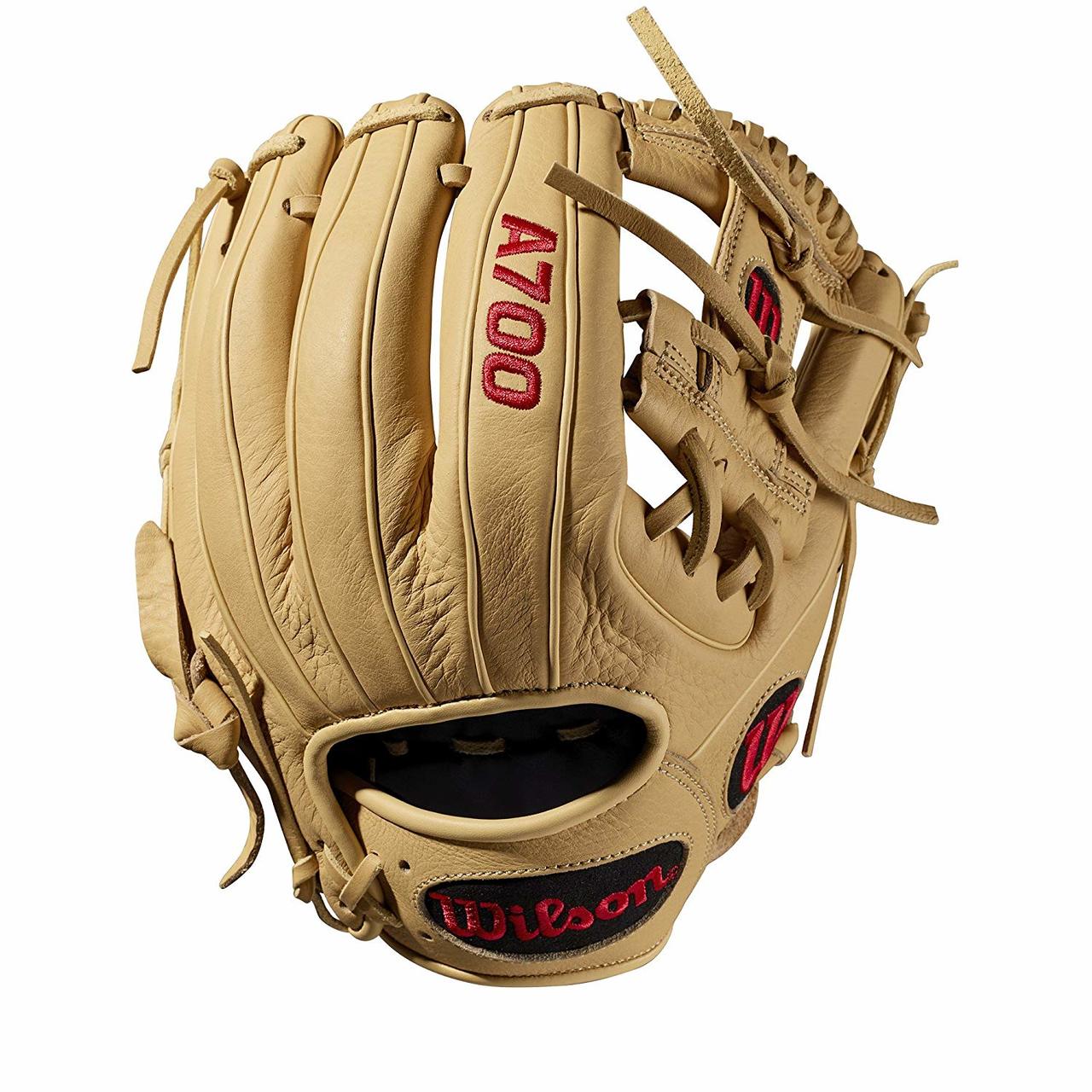 11.5 inch Baseball glove H-Web design Blonde Full-Grain leather. The all-new A700 line of Wilson gloves are the epitome of game-ready. Designed with soft, full grain cowhide leather, this Blonde 11.25 I -Web model gives you the perfect feel without the added bulk of other gloves. - 11.25 Inch Model - I Web - Blonde Full-Grain Leather - Game Ready Break-In.