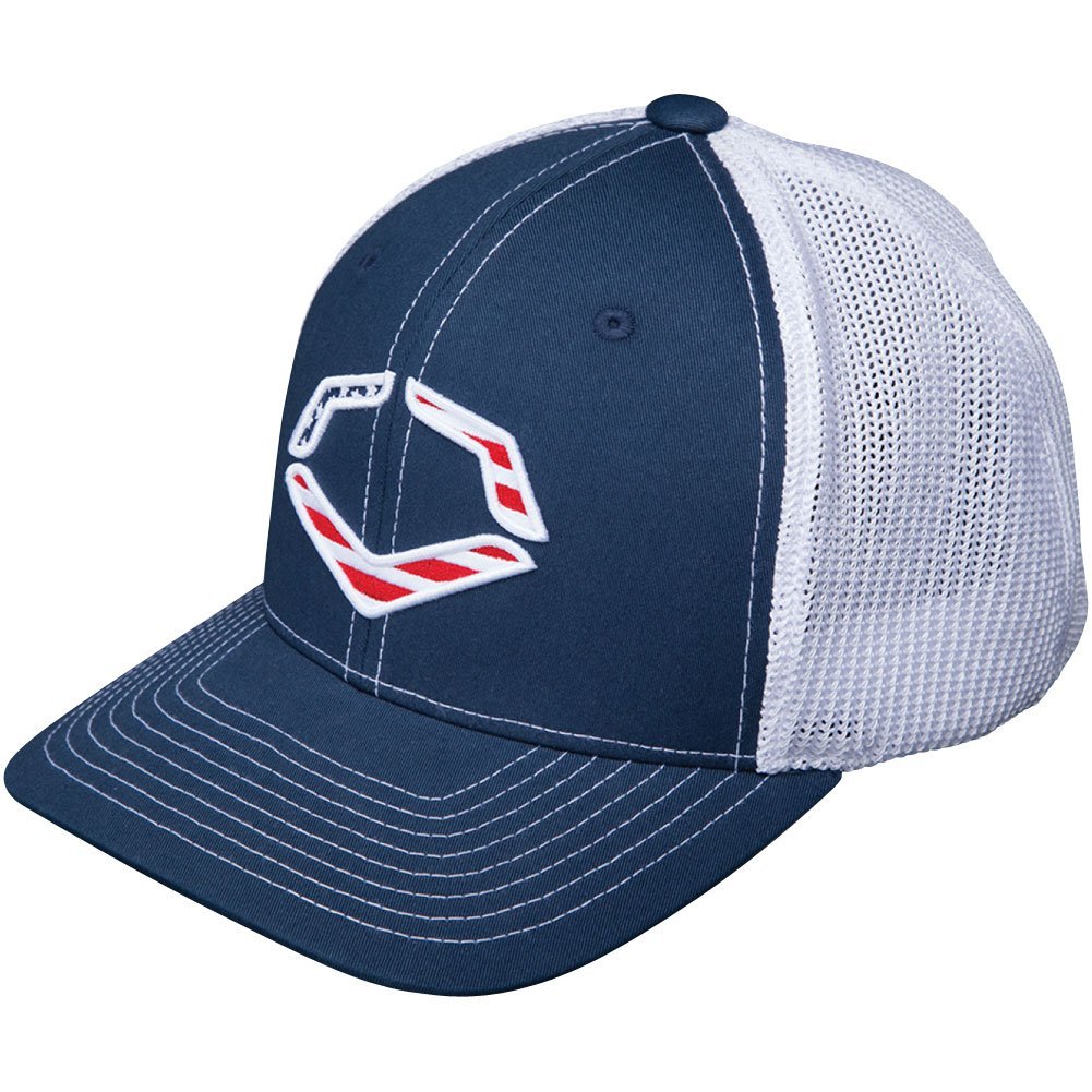 56% Polyester42% Cotton2% SPANDEX Imported Navy flex-fit style trucker hat Evoshield logo with American flag backdrop on front Breathable White mesh back Pre-formed bill and flex fit band for ultimate comfort fit Available in: s-m (7 - 7 14) and l-xl (7 38 - 7 58)