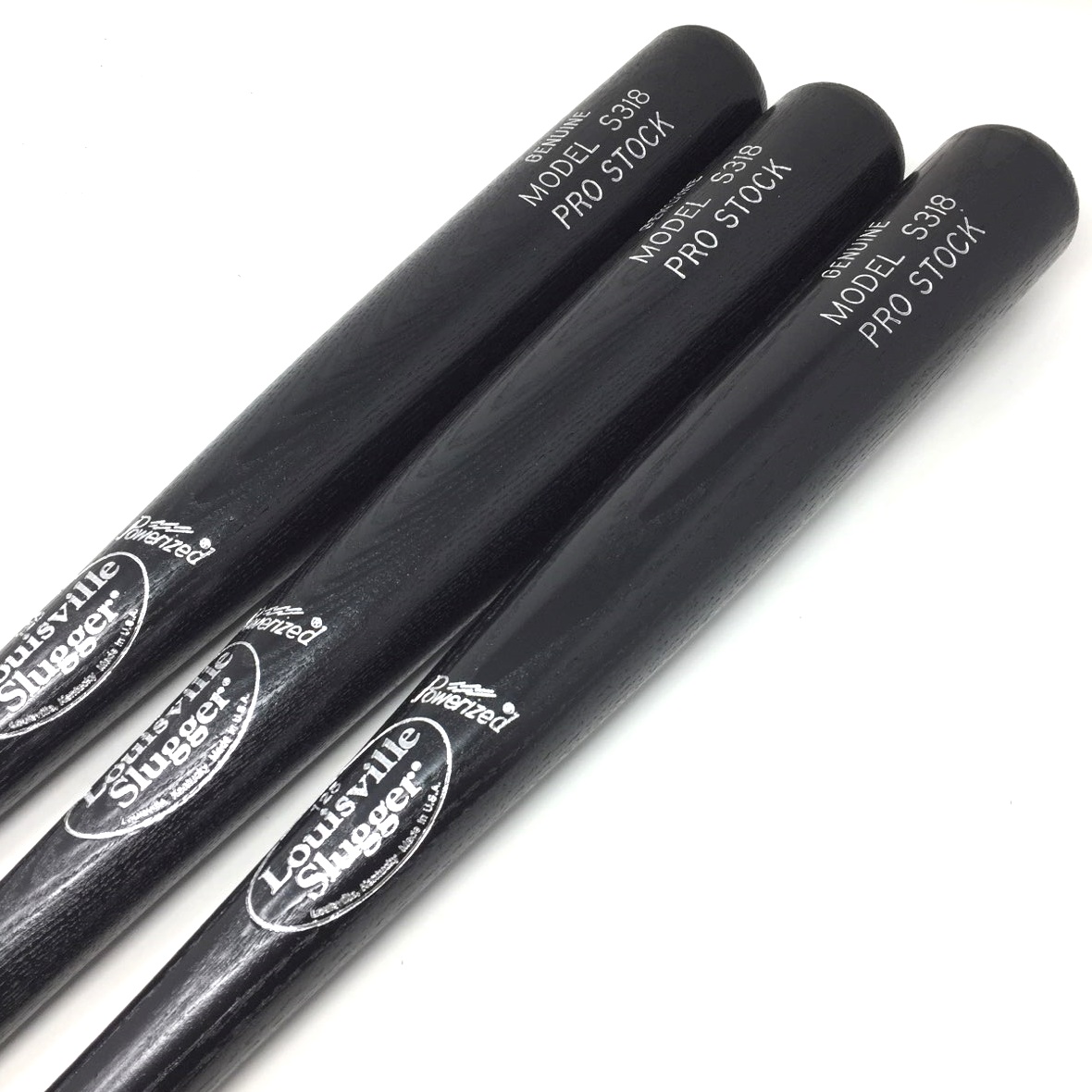 3 pack of S318 Pro Stock Louisville Slugger Wood Baseball Bats. Cupped.