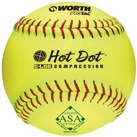 spanThese 11 slow pitch softballs have red stitching and are approved for play in the ASA with a .52 COR/300 lb Compression. Worth Hot Dot softballs are designed to give players consistent hit distance at all temperatures, especially true in hot weather conditions. Added to these softballs is the C-LOK adhesive and moisture barrier and then the Pro Tac synthetic leather cover./span