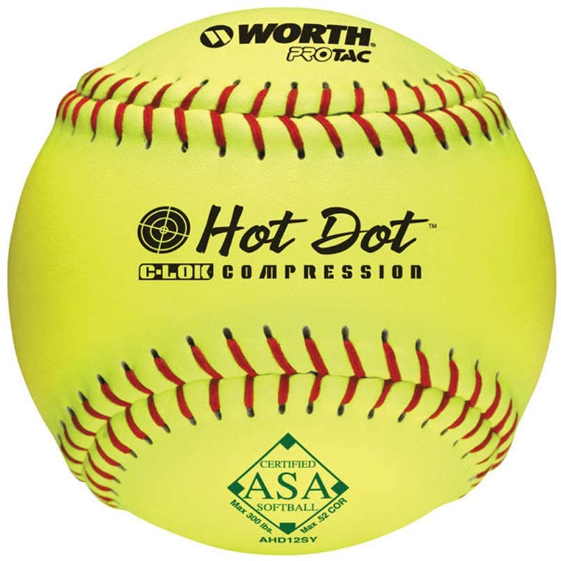 These 11 slow pitch softballs have red stitching and are approved for play in the ASA with a .52 COR/300 lb Compression. Worth Hot Dot softballs are designed to give players consistent hit distance at all temperatures, especially true in hot weather conditions. Added to these softballs is the C-LOK adhesive and moisture barrier and then the Pro Tac synthetic leather cover.