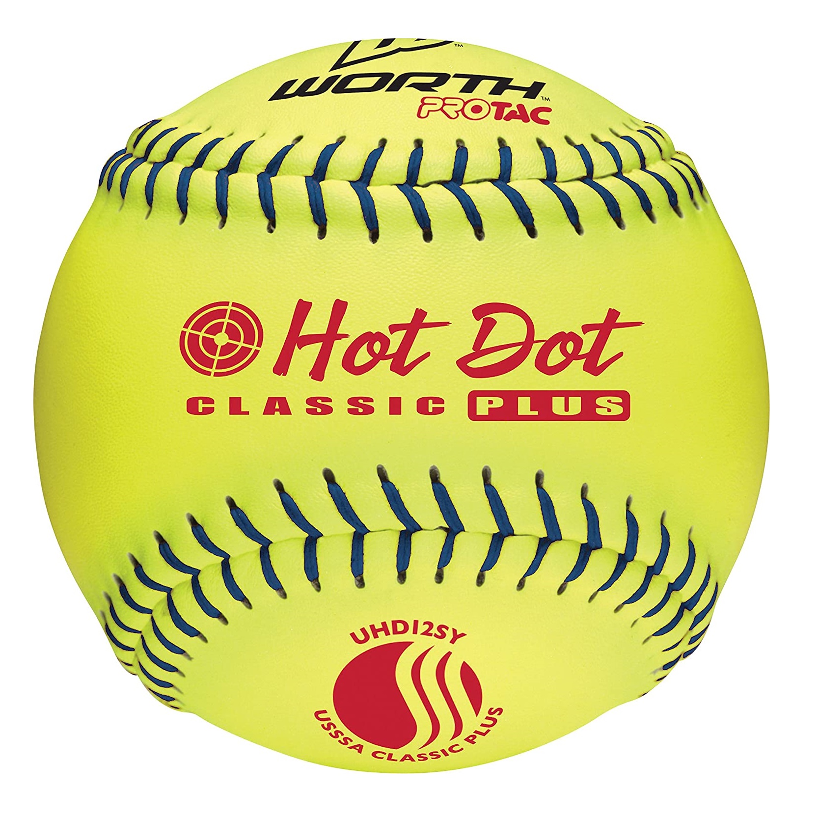 Poly-X Core. Blue Stitch Color. Official Ball of USSSA. Yellow ProTac synthetic leather for increased durability. Hot Dot polyurethane maintains compression in hot weather. Worth's 12 Classic Plus softballs have blue stitching and are approved for play in the USSSA. Worth Hot Dot softballs are designed to give players consistent hit distance at all temperatures, especially true in hot weather conditions. Added to these softballs is the C-LOK adhesive and moisture barrier and then the SYCO composite leather cover for more durability.    Color: Yellow League: USSSA Dot: Hot League: USSSA 