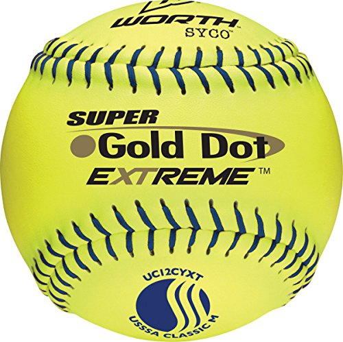 worth-gold-dot-extreme-classic-m-usssa-12-inch-softballs-1-dozen-uc12cyxt UC12CYXT Worth 043365273498 Size 12 Worths 12 Classic M softballs have blue stitching and