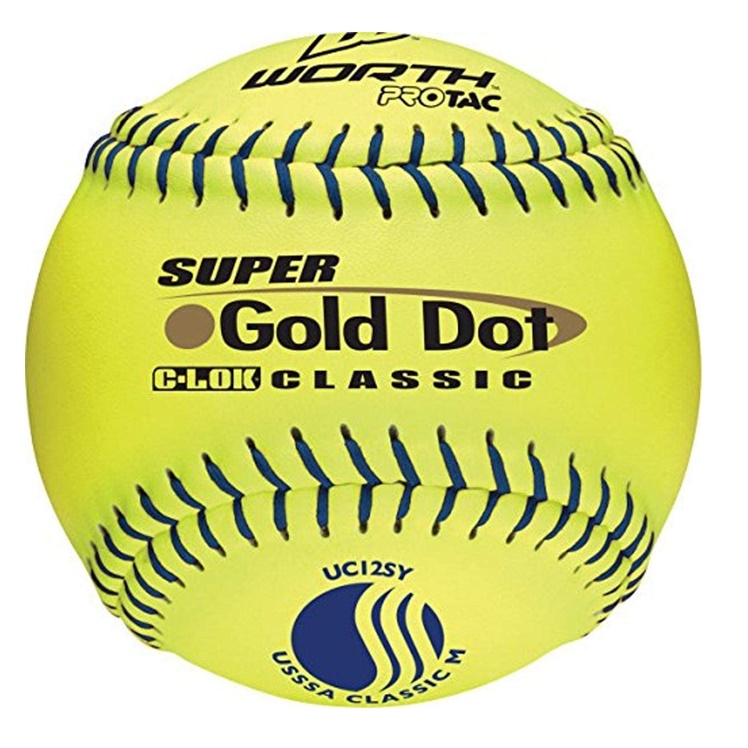 Worth's 12 Classic M softballs have blue stitching and are approved for play in the USSSA. Worth's Gold Dot softballs feature a 3-piece technology that has an inner layer that gives this softball consistent spin and durability. Added to these softballs is the C-LOK adhesive and moisture barrier and then the ProTac synthetic leather cover.    Color: Yellow League: USSSA Dot: Gold League: USSSA 